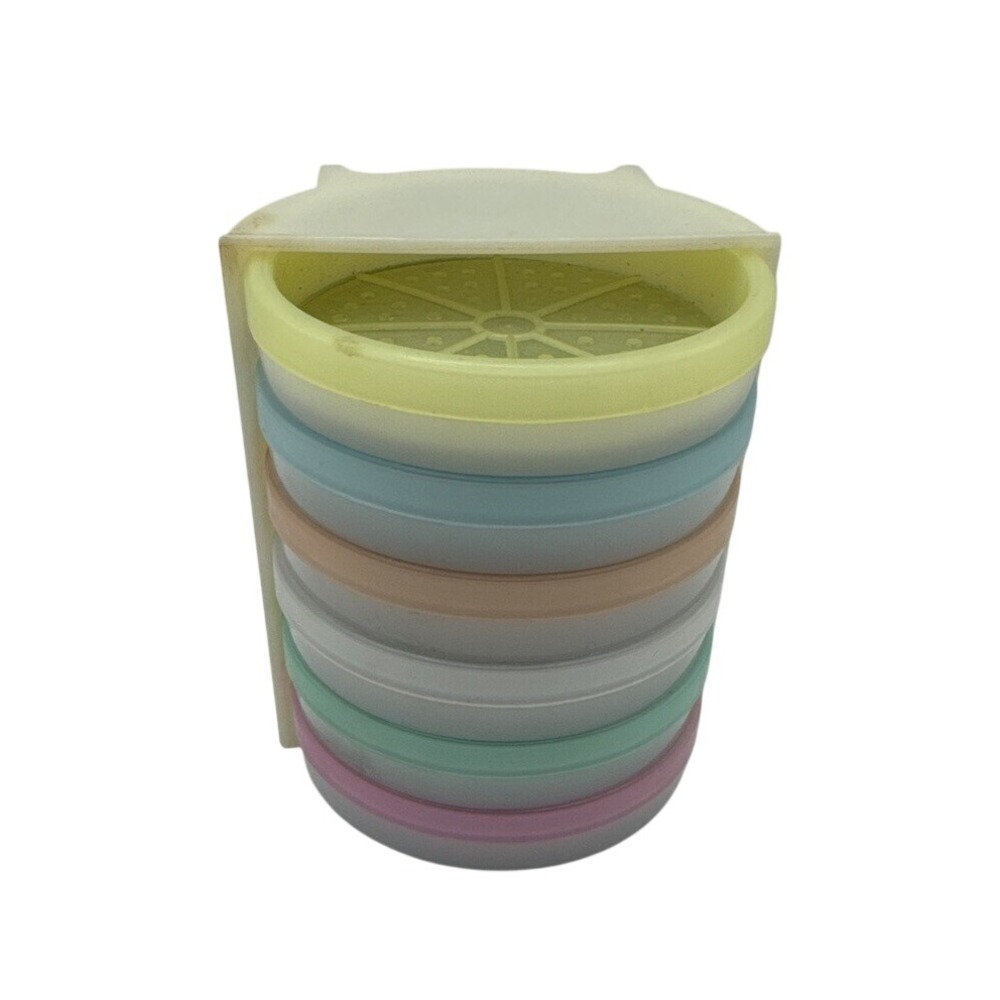 Vintage Tupperware Wagon Wheel Coaster Set of 6 with Caddy Pastel Mixed Colors